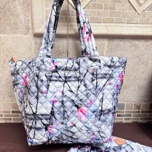 MZ Wallace Magnolia Limited Edition Medium Deluxe Tote Gray Skies Pink Flowers